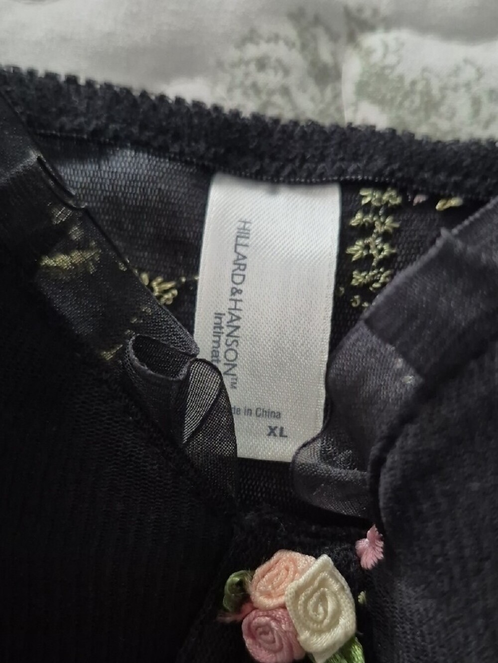 Hillard & Hanson Black Floral Embroidered Intimate Top with Pink and Cream Roses - Picture 3 of 5